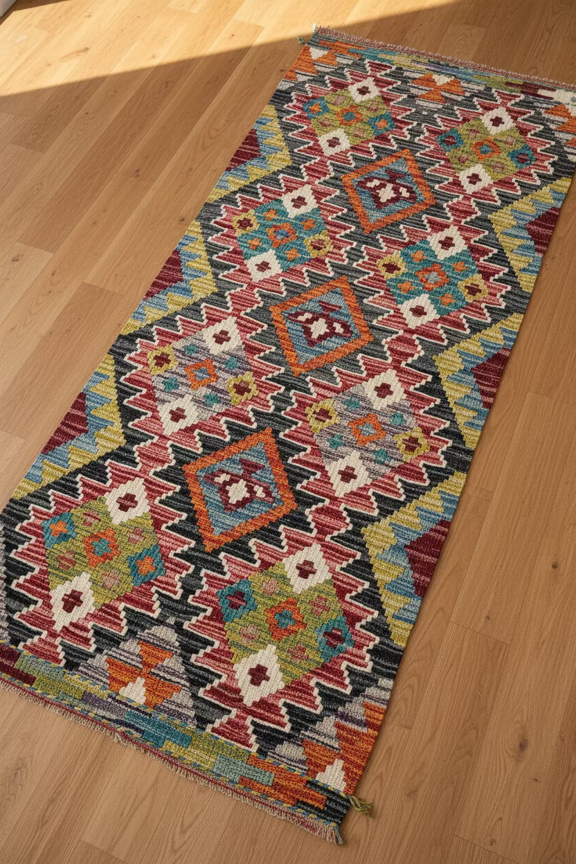 Hand knotted Chobi runner on wooden floor 140 x 61cm