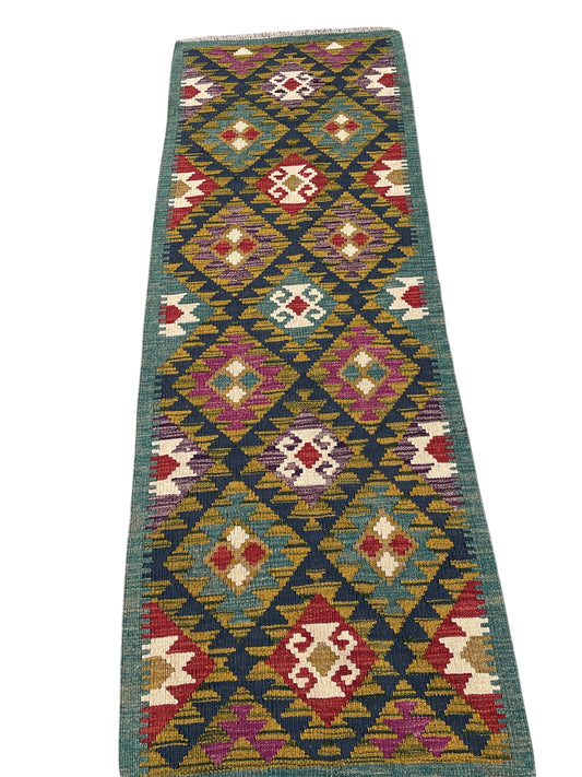 Maimana Kilim Runner Rug, Green Ground – 198x66cm