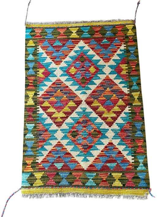 Hand Knotted Maimana Kilim Rug, Green Ground – 95x63cm