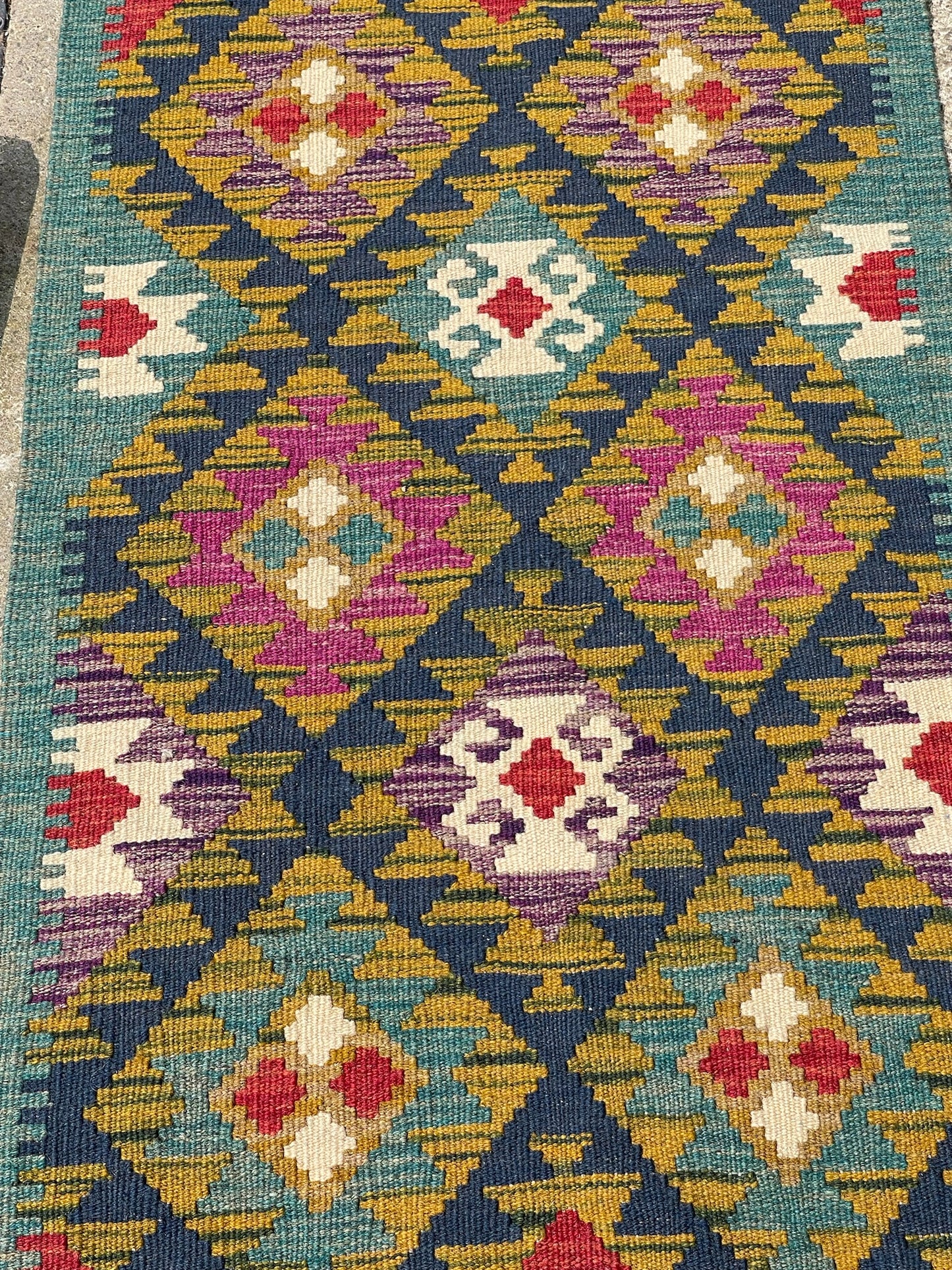 Maimana Kilim Runner Rug, Green Ground – 198x66cm