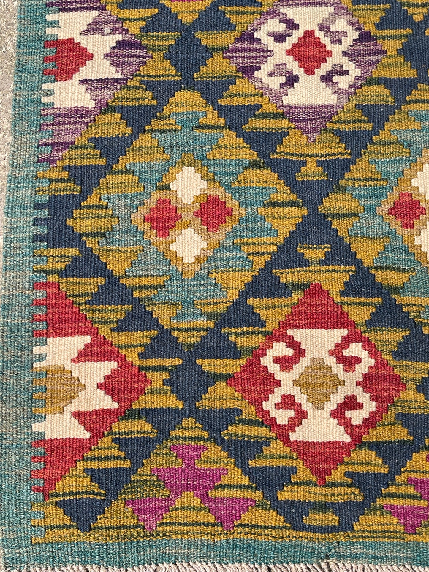 Maimana Kilim Runner Rug, Green Ground – 198x66cm