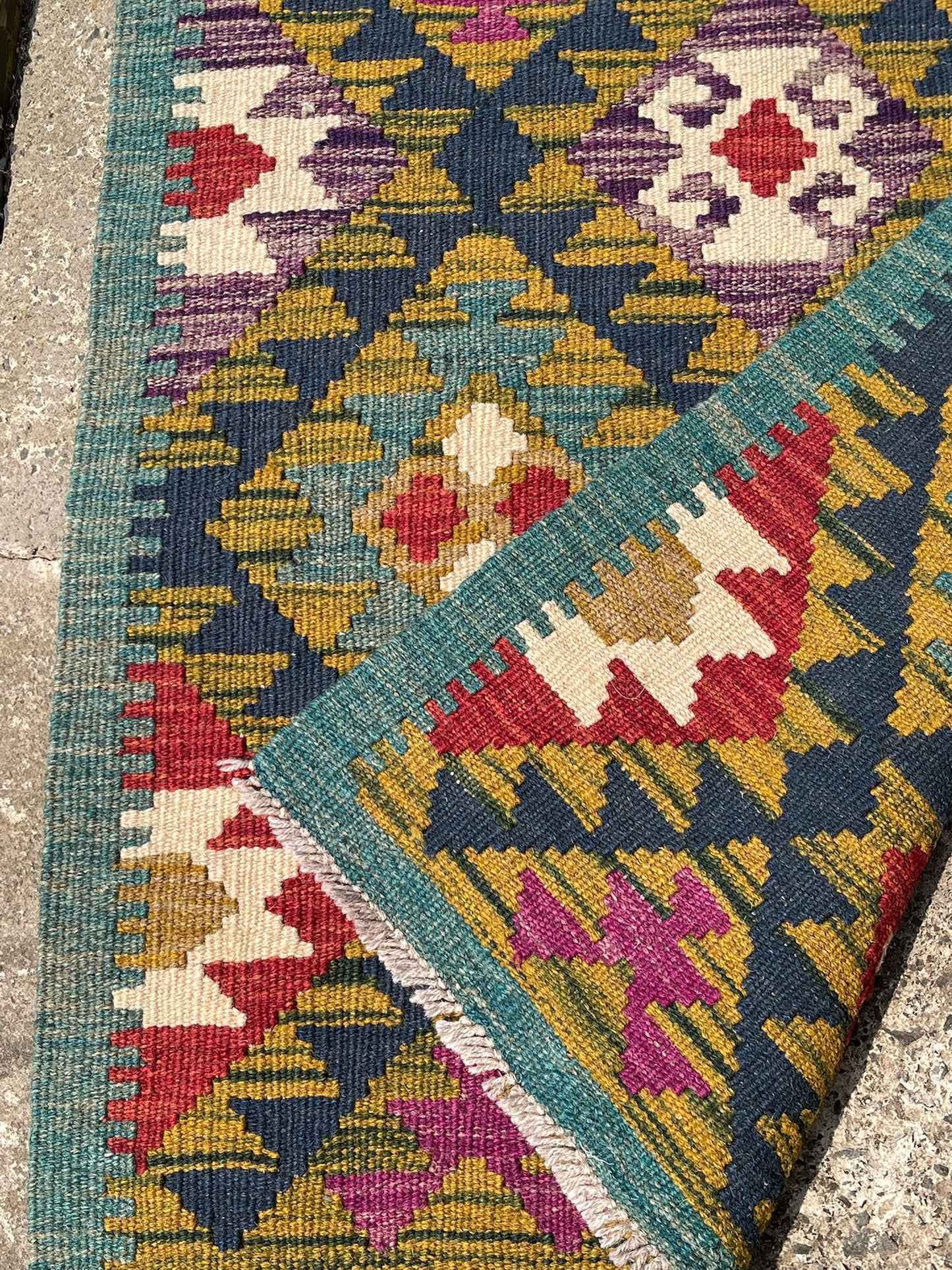 Maimana Kilim Runner Rug, Green Ground – 198x66cm