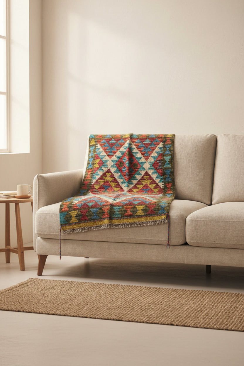 Maimana Kilim Rug, Green Ground 