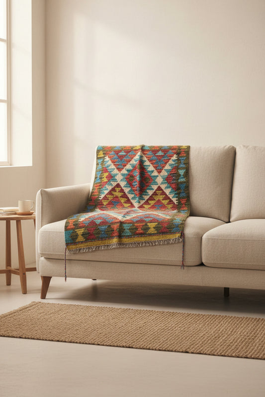 Maimana Kilim Rug, Green Ground 