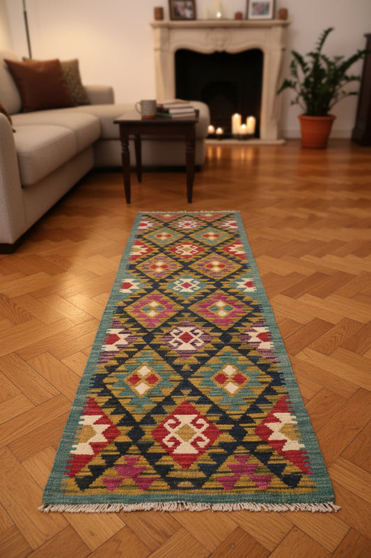 Maimana Kilim Runner Rug, Green Ground 