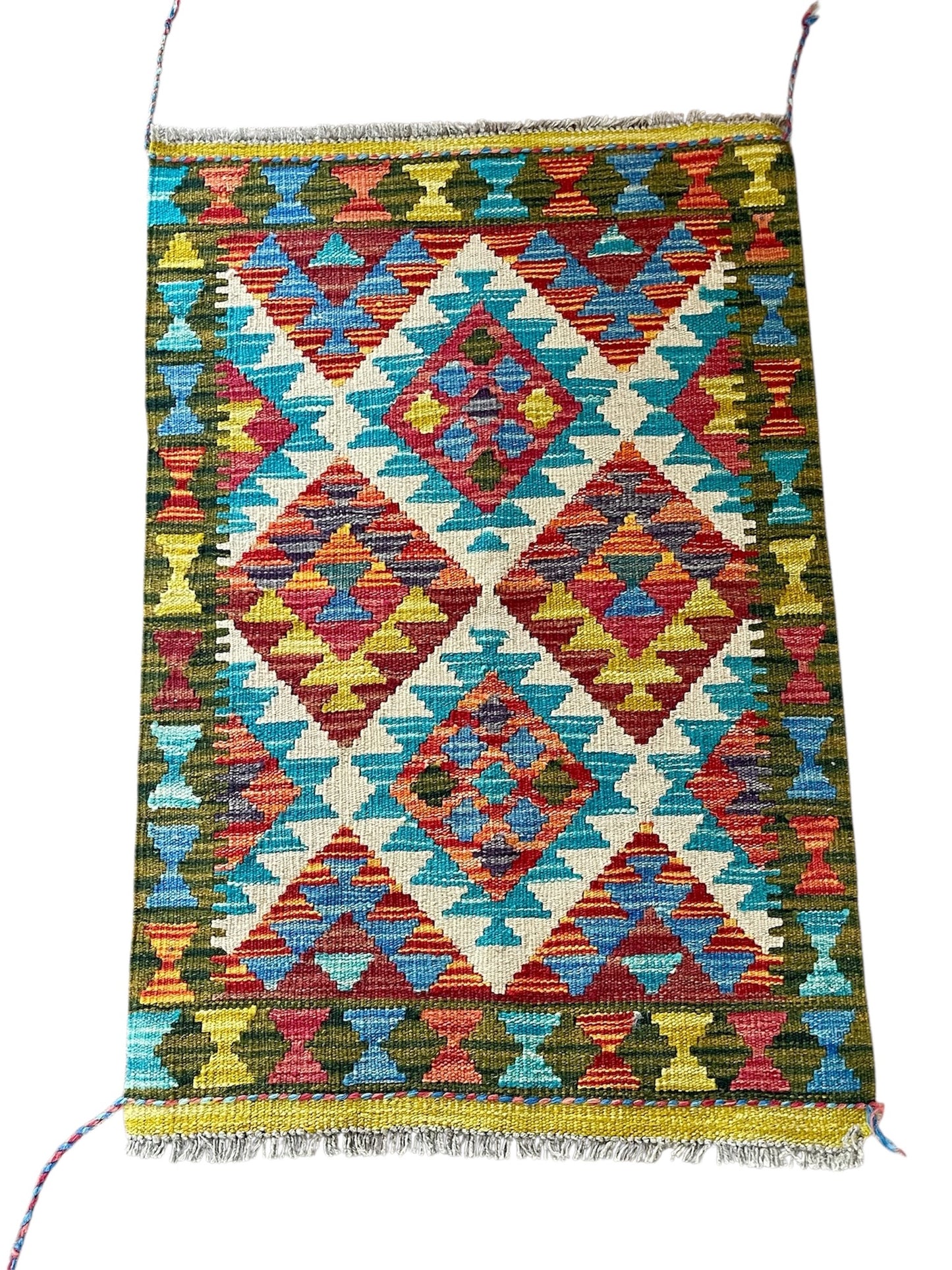 Hand Knotted Maimana Kilim Rug, Green Ground – 95x63cm