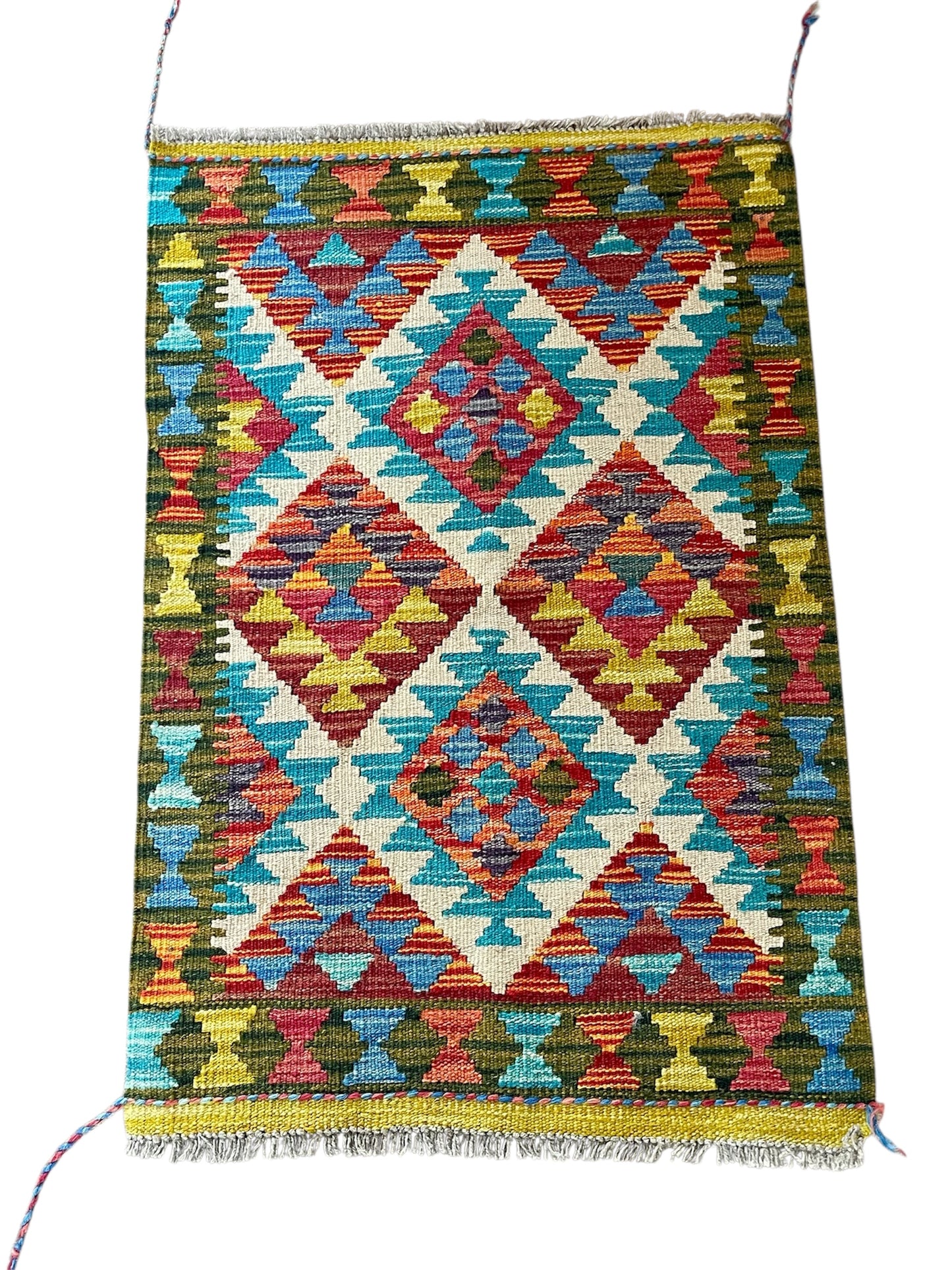 Hand Knotted Maimana Kilim Rug, Green Ground – 95x63cm