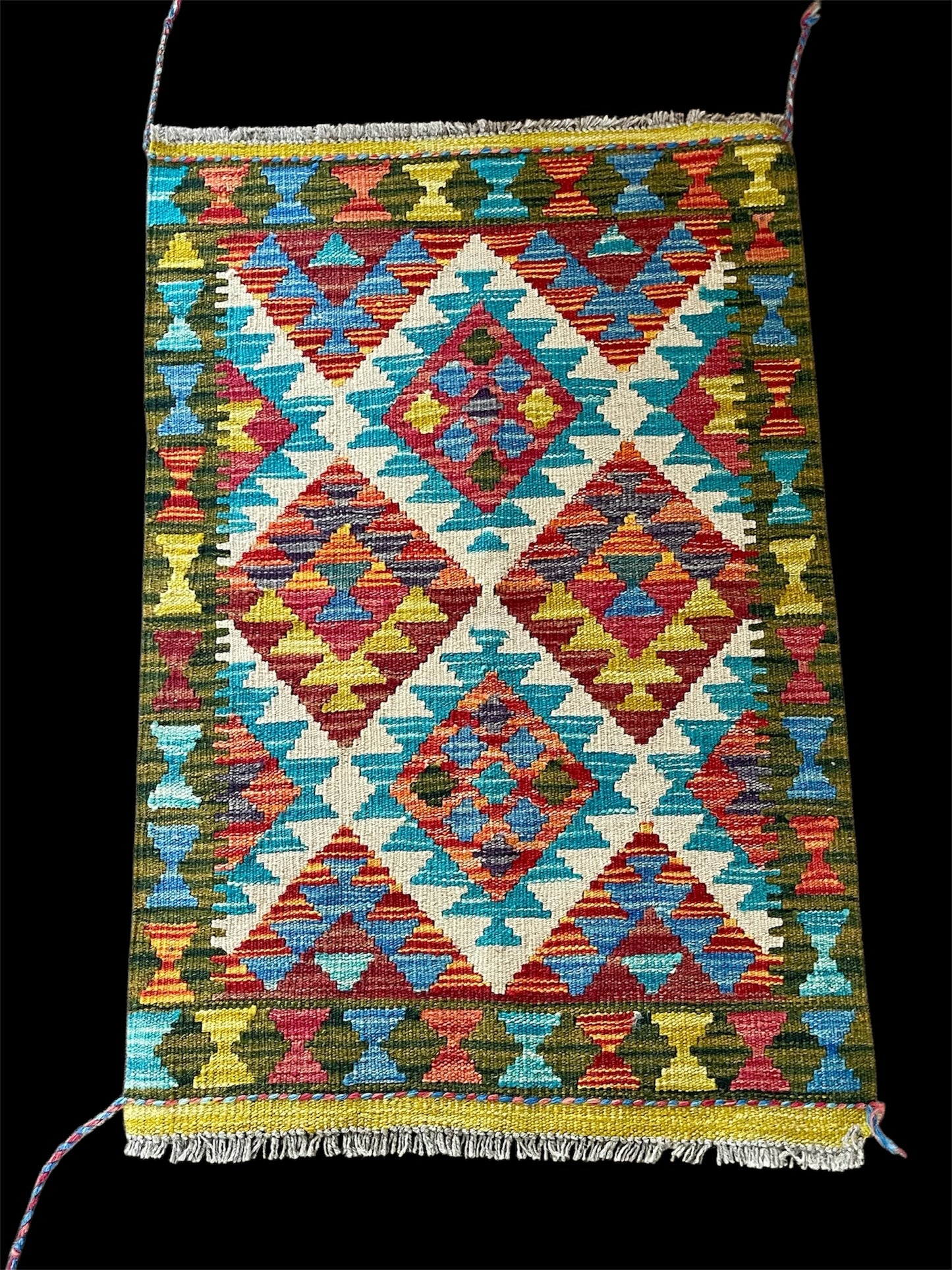 Hand Knotted Maimana Kilim Rug, Green Ground – 95x63cm