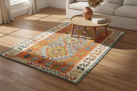 Hand Knotted Chobi Kilim Rug – Lifestyle Shot